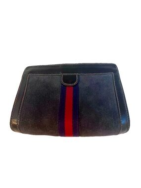 Vintage GUCCI Sherry Pouch Suede Leather Navy Blue Clutch Bag Authentic